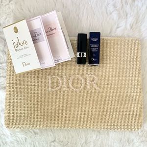 NEW Dior Beauty Faux Raffia Pouch Bag Makeup Case+3 Perfume Sample+Mini Lipstick